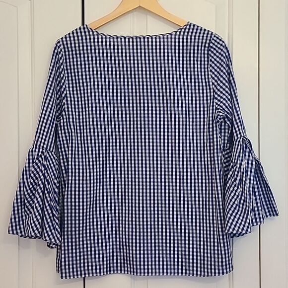 Jane &  Delancey 100% Cotton Medium Blue White Gingham Blouse Bell Sleeve Size M - Picture 2 of 9